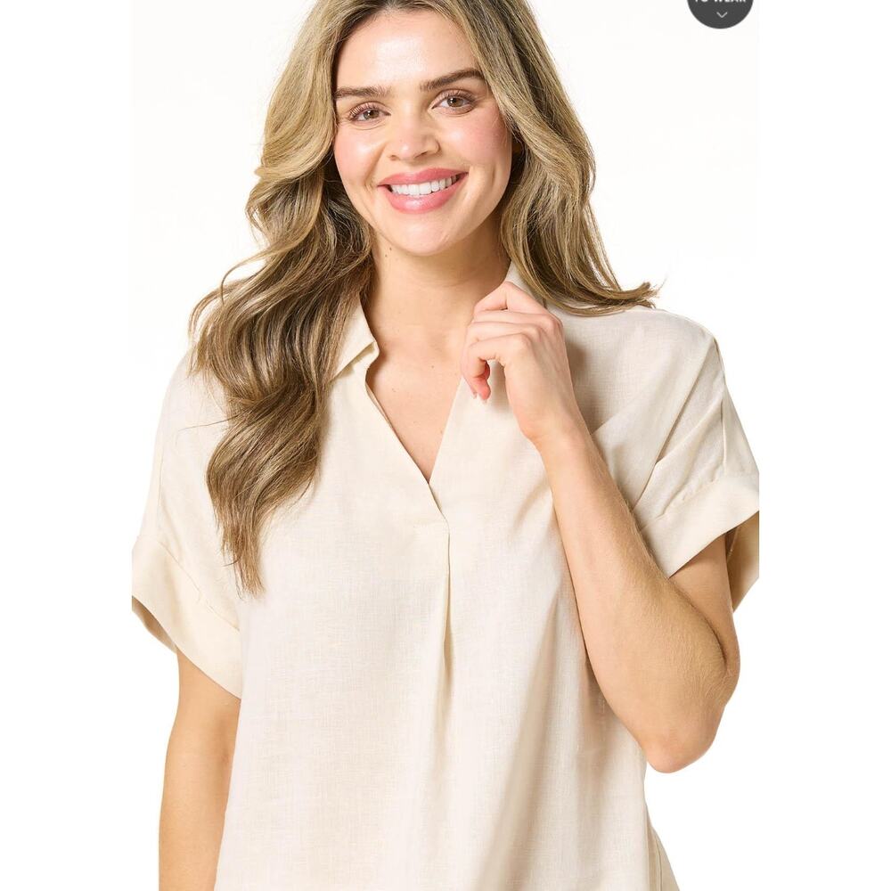 Cato Women's Linen Blend Short Sleeve Top Size Medium Collared Neck Button Back